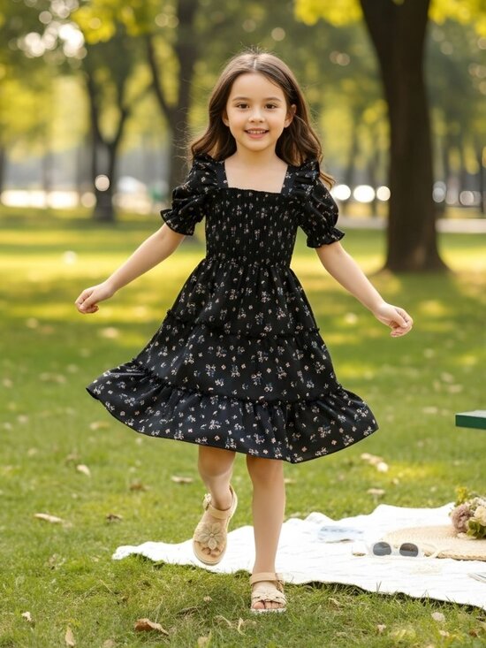 SHEIN Other - Elladie Kids ✦ Ditsy Floral Sundress ✦ Smocked Ruffle Strap A‑Line Black 5Y NWT